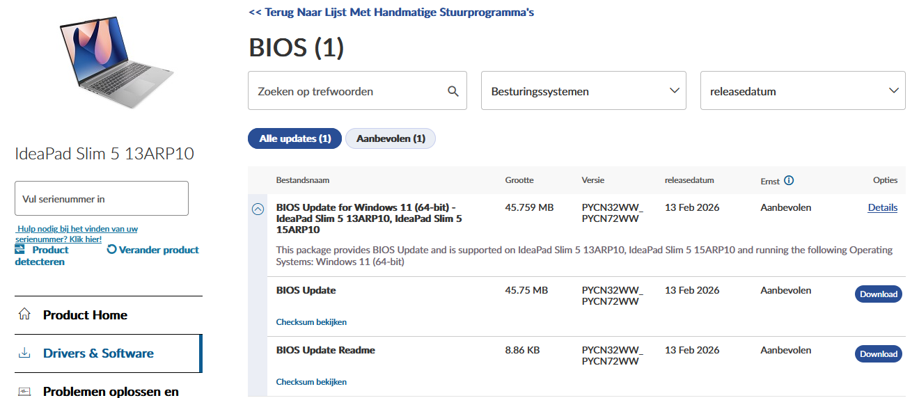 Lenovo support page screenshot, windows only (dutch text)